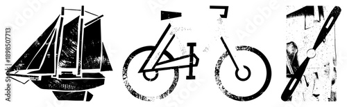 Bold black of sailboat, bike, clock with halftone texture. Flat vector, distressed grain. Nautical, transport, timepiece symbols.