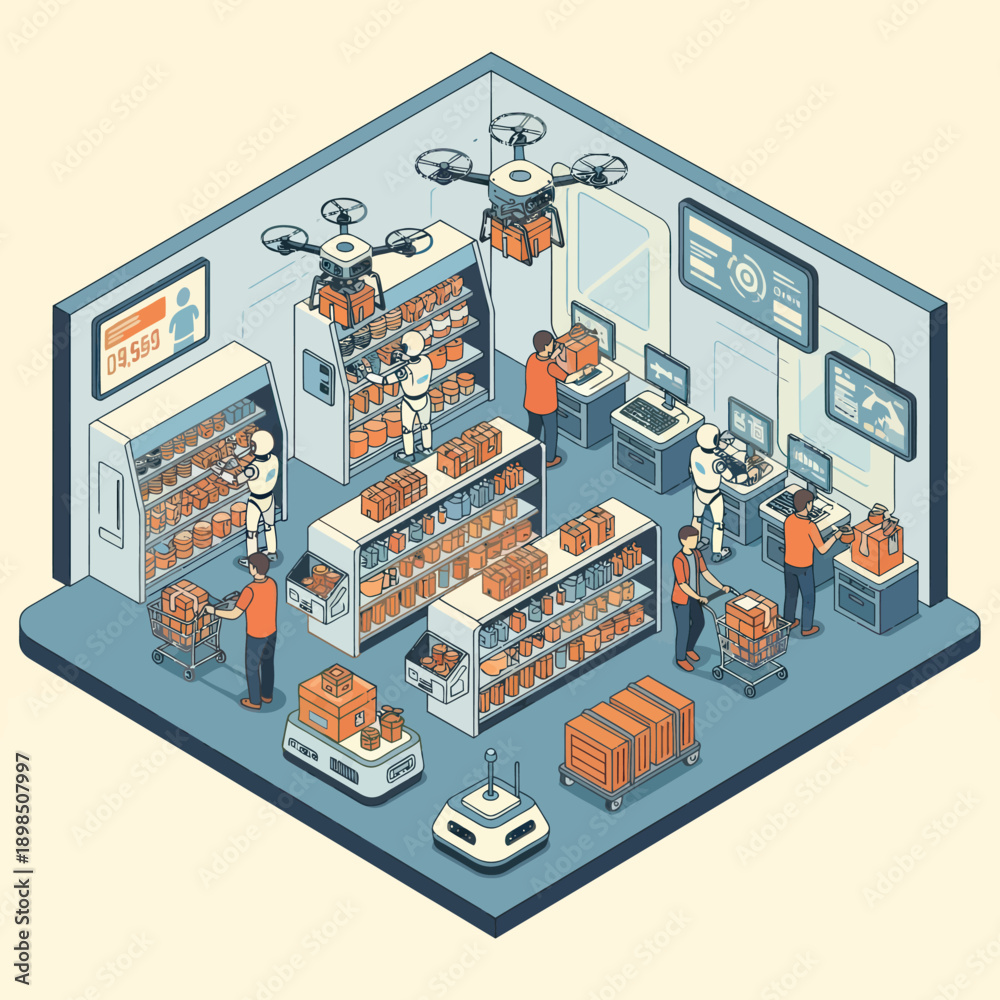 Fototapeta premium Warehouse Automation with Robots and Drones.