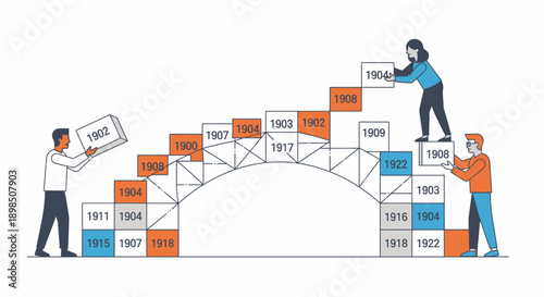 Collaborative Historical Timeline Construction: People Building an Arch Foundation with Dated Blocks (Vector Illustration)