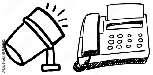 Vintage office tools, spotlight lamp and fax machine, retro tech doodle, black and white vector, workplace equipment, communication devices, office supplies.