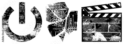 Digital rendered in halftone texture power symbol, circuitry fist, clapperboard. Tech,, and control themes. Vector graphic with distressed texture.