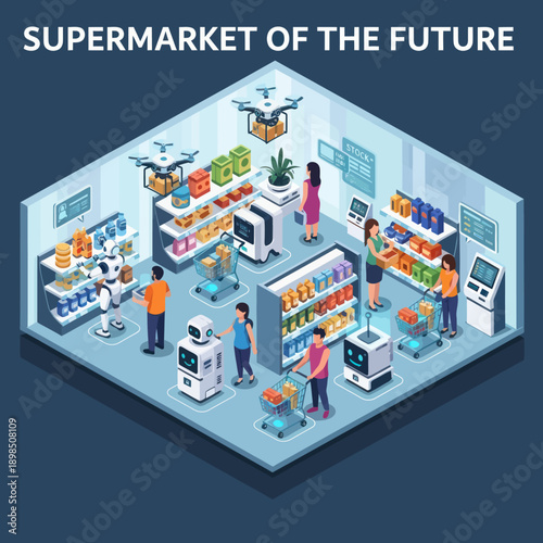 Futuristic Supermarket with People and Technology.