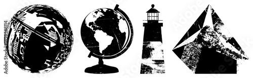 Globe, lighthouse, compass rose, and world map set, vector graphics, travel and navigation symbols, stylized global.