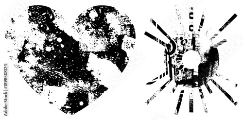 Distressed black heart and sunburst shapes with speckled texture, graphic design elements, stencil art, vector cutouts, halftone effect, isolated foreground.