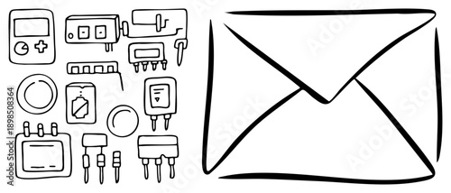 Sketch style doodles of retro tech gadgets and mail envelope, minimalist vector art, digital nostalgia, tech nostalgia, communication symbol.