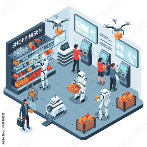 Futuristic Robots Delivering Packages in Store.