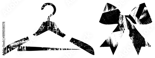 Black and white vector graphic of a classic hanger and bow, distressed texture, fashion accessory, garment display, stylized silhouette, design.