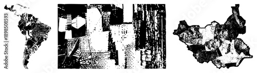 Fragmented map rendered in halftone, abstract geography, stylized continents, vector art, graphic design, black and white composition.