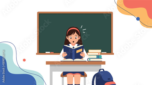 Young schoolgirl sitting at a desk in front of a green blackboard while reading a book with a surprised facial expression.