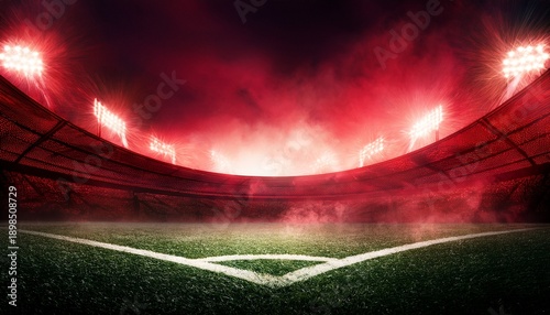 dramatic football stadium illuminated by red lights and smoke