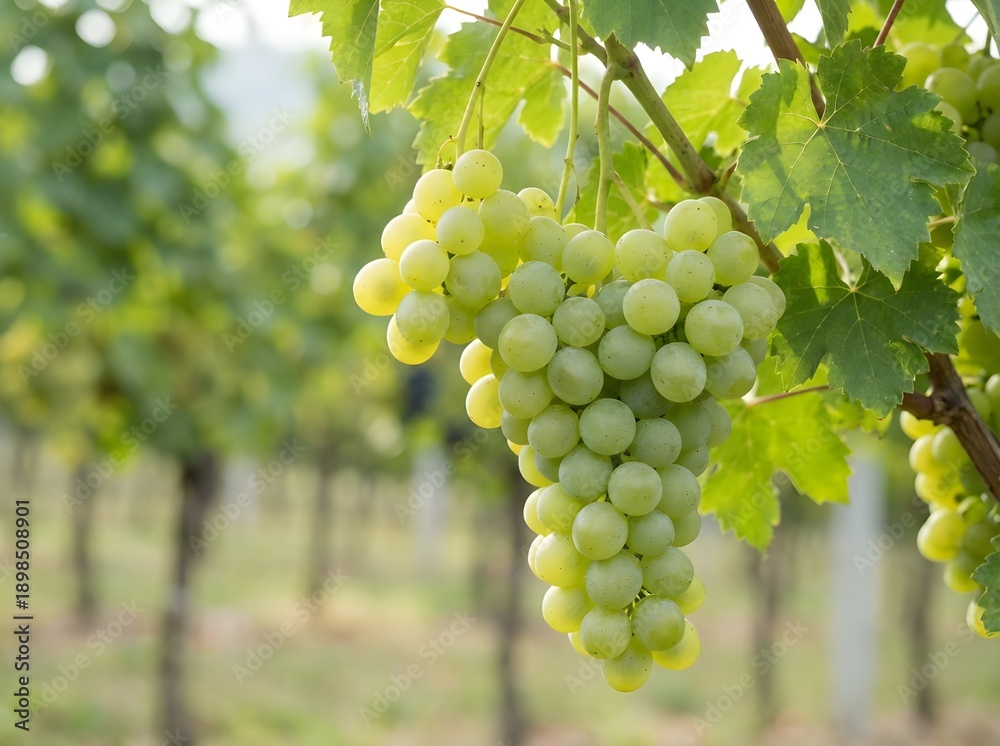 Fototapeta premium Sunlit cluster of organic green grapes ripening on vine in lush vineyard