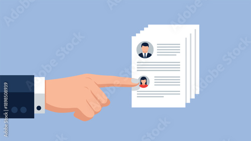 Human resources professional points their finger at a specific candidate profile in a stack of job applicant resumes.