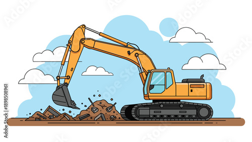 Heavy duty yellow excavator works on a construction site moving earth and debris under a blue sky with white clouds.