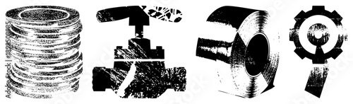 Stack of gaskets, valve handle, rolled metal coil, gear mechanical with halftone texture, industrial design, engineering symbols, technical illustrations.