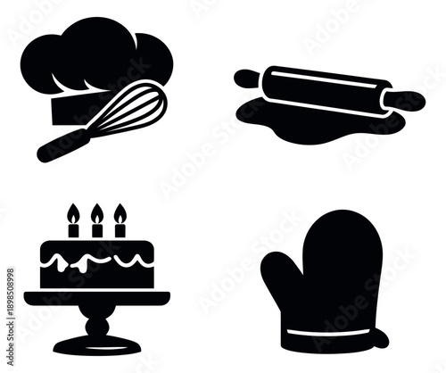 Silhouette baking icons set featuring a chef's hat, rolling pin, cake, and oven mitt for home kitchen and celebration themes