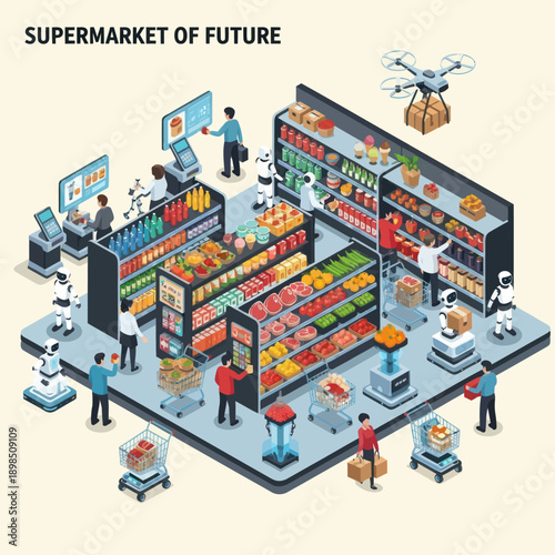 Futuristic Supermarket with Robots and People Shopping.