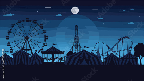 Night scene at a carnival or amusement park with silhouettes of a Ferris wheel, roller coaster, and circus tents under a bright full moon.