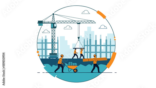 Industrial construction site with workers using a crane and wheelbarrows to build a modern structure within a stylized circular frame.