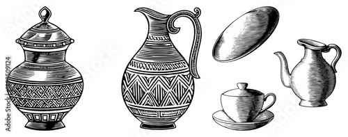 Antique style ceramic containers featuring geometric and tribal motifs, including lidded jar, jug, teacup on saucer, and lid, rendered in halftone engraving style.