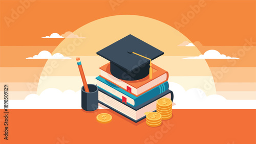 Graduation and education concept featuring a black mortarboard cap on top of a stack of books with golden coins and a pencil at sunset.