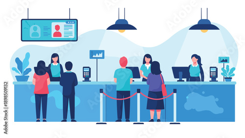 Modern bank interior showing customers waiting in a queue at the service counter where staff members are assisting with financial transactions.