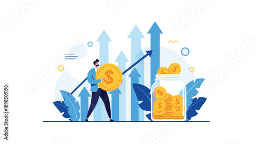 Successful businessman saving money in a jar with rising financial growth charts and arrows in the background for economy concept.