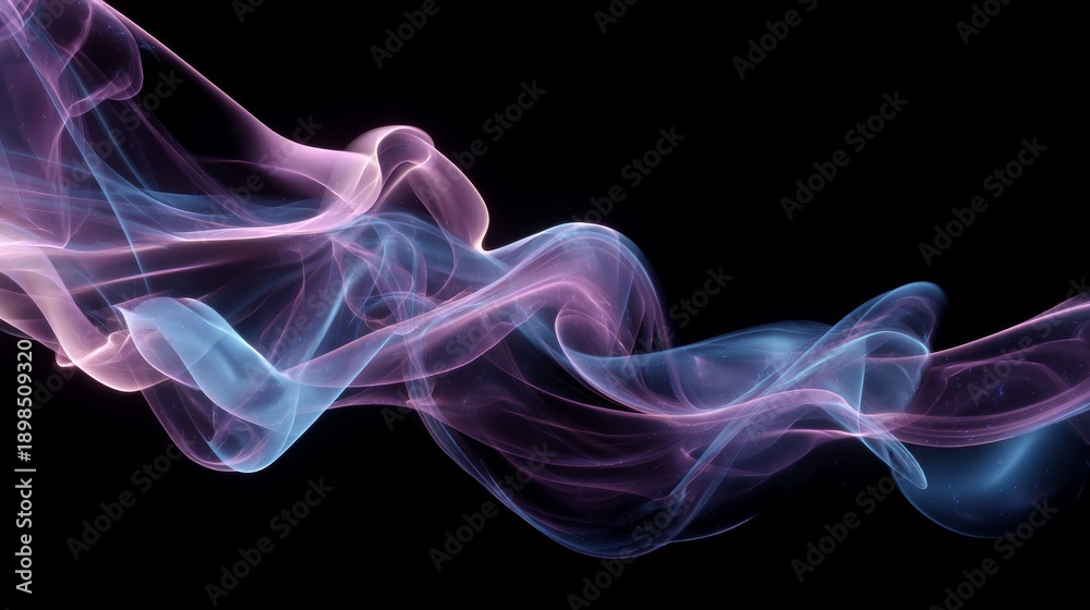 Fototapeta premium Wavy, ethereal composition of pastel pink and blue smoke on a black backdrop, creating a sense of movement