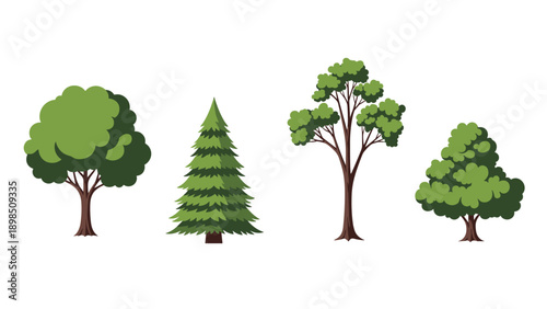 Diverse set of green forest trees including oak, pine, and poplar icons isolated on a white background for nature design elements.