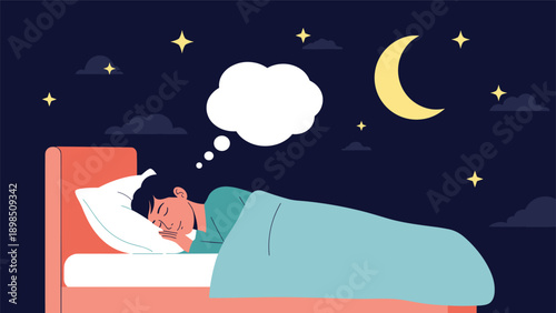 Man sleeping peacefully in bed at night with a large empty dream bubble above his head under a starry moonlit sky background.