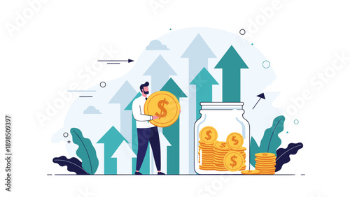 Professional man standing next to a glass jar filled with gold coins against a background of rising growth arrows for investment.