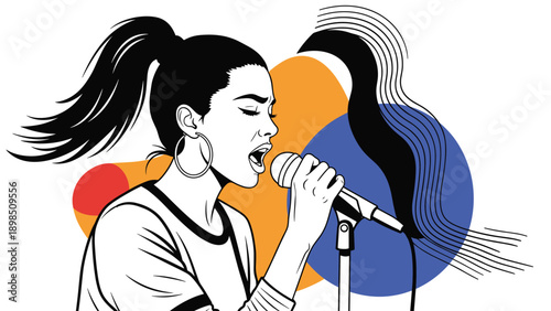 Stylish woman singing with passion into a microphone over colorful abstract shapes in a modern pop art style for music concept.