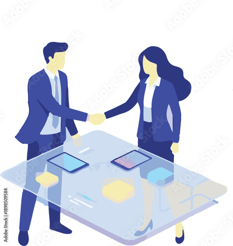 Flat isometric illustration of business man and woman shaking hands over digital table