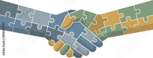 Abstract puzzle pieces handshake illustration representing business solution and teamwork