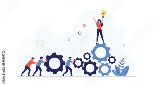 Business team working together to turn massive gears with a woman holding a glowing lightbulb for a new creative idea and success.