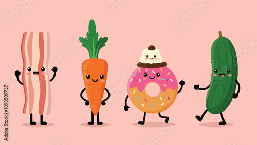 Set of adorable and happy food characters including bacon, carrot, a pink donut, and a green cucumber for fun kitchen concept.