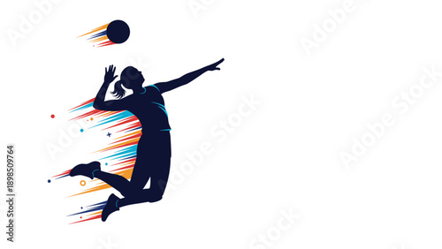 Dynamic silhouette of a female volleyball player jumping to hit the ball with colorful motion lines for sport action concept.