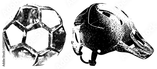 Football ball with pentagon panels and cycling helmet with ventilation slots, both rendered in halftone dot, sport gear, athletic equipment, vector illustration.