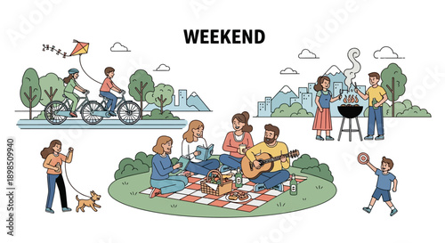 A happy cartoon family with children, a baby, and parents enjoying a fun beach day in a colorful vector illustration of childhood love and happiness