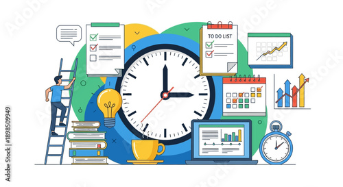 A professional business illustration featuring a clock and books to represent the time is money concept through a deadline driven design highlighting education and work speed
