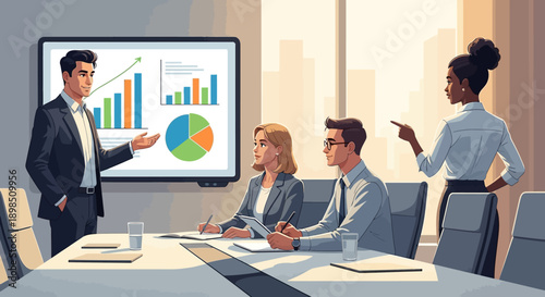 A professional business team of diverse men and women in suits engages in a successful meeting around an office table using a computer to ensure effective teamwork and communication