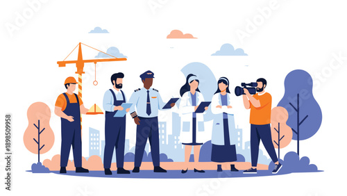Group of people from different professions including a sailor, pilot, scientist, and camera operator standing in a city setting.