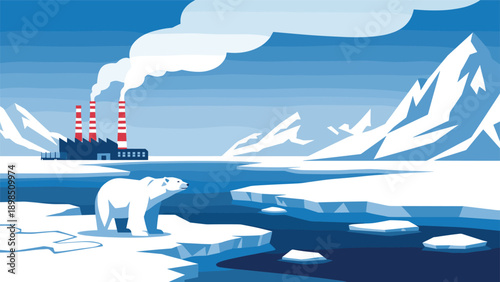 Polar bear standing on an ice floe in a cold arctic landscape with an industrial factory emitting smoke in the distance.