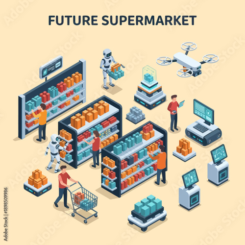 Futuristic Supermarket Scene with Drone Delivery.