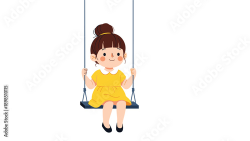 Cute cartoon girl with a bun hairstyle wearing a yellow dress and sitting on a swing against a white background.