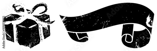 Retro styled gift box tied with ribbon, festive banner scroll, illustration, holiday, celebratory symbol, textured vector art.