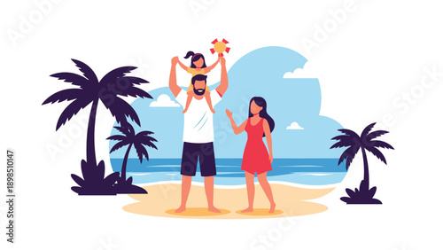 Happy family enjoying a vacation on a tropical beach with palm trees and a calm ocean view during a sunny day.