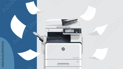 Modern office photocopier or printer machine with several blank white sheets of paper flying in the air around it.