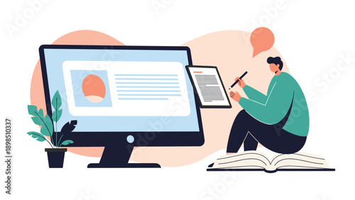 Creative workspace concept showing a man sitting on a book and writing with a pen near a large computer monitor profile.