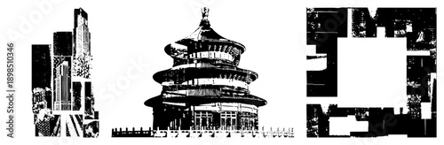 Traditional Chinese temple with tiered roof, modern skyscrapers, halftone graphic style, architectural contrast, black and white vector illustration.