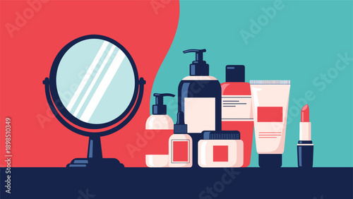Collection of various beauty and skincare cosmetic products including a mirror, lotions, creams, and red lipstick.